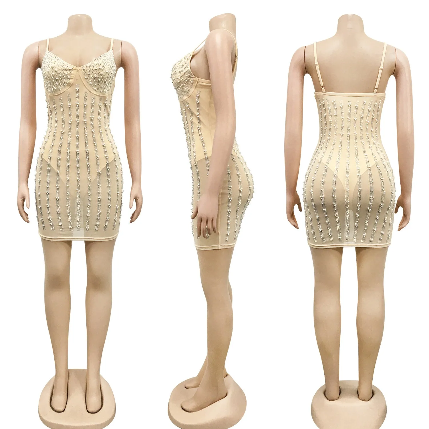 2023 New Arrival Nightclub Prom Dresses Hot Drilling Mesh Sexy See Through V-Neck Sling Backless Birthday Party Mini Dress