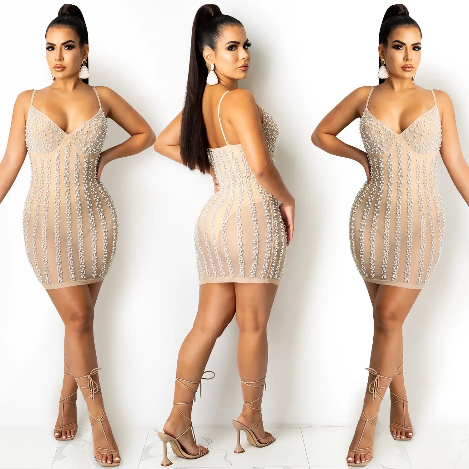 2023 New Arrival Nightclub Prom Dresses Hot Drilling Mesh Sexy See Through V-Neck Sling Backless Birthday Party Mini Dress