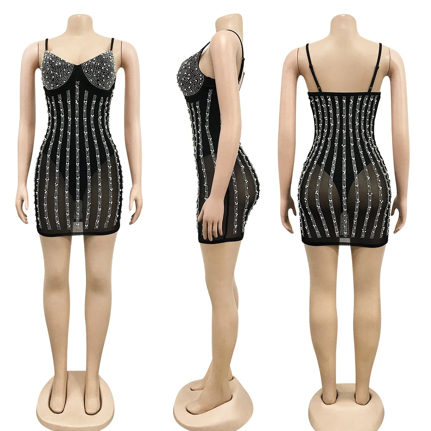2023 New Arrival Nightclub Prom Dresses Hot Drilling Mesh Sexy See Through V-Neck Sling Backless Birthday Party Mini Dress