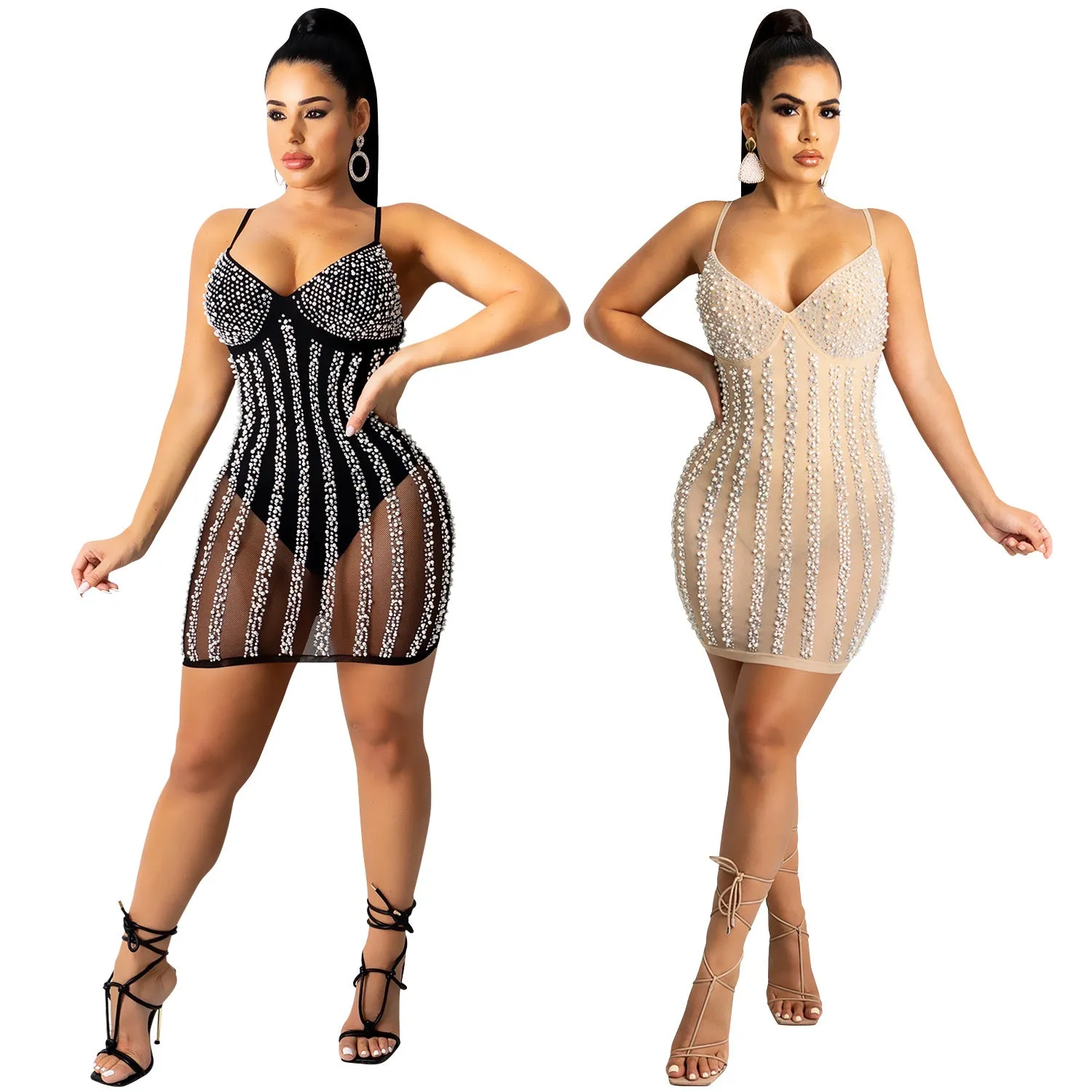 2023 New Arrival Nightclub Prom Dresses Hot Drilling Mesh Sexy See Through V-Neck Sling Backless Birthday Party Mini Dress