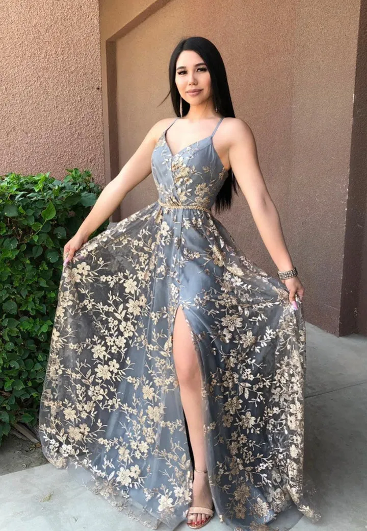 A-Line Backless Long Prom Dresses Grey V-Neck Evening Dresses Sexy