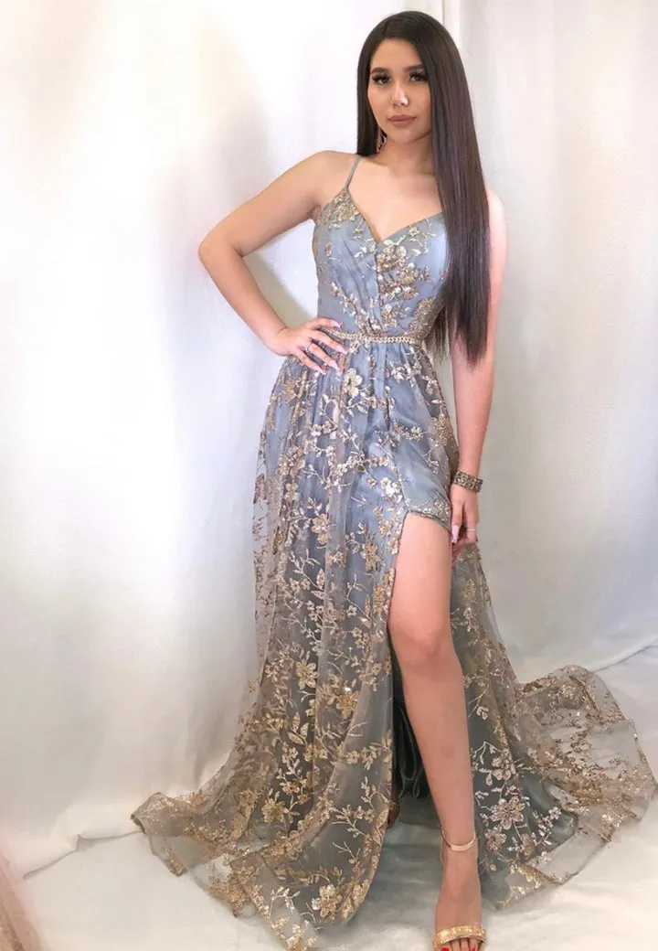 A-Line Backless Long Prom Dresses Grey V-Neck Evening Dresses Sexy