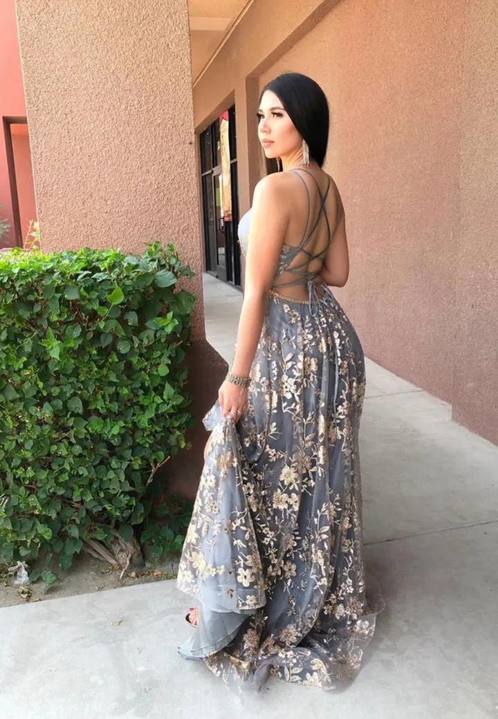 A-Line Backless Long Prom Dresses Grey V-Neck Evening Dresses Sexy