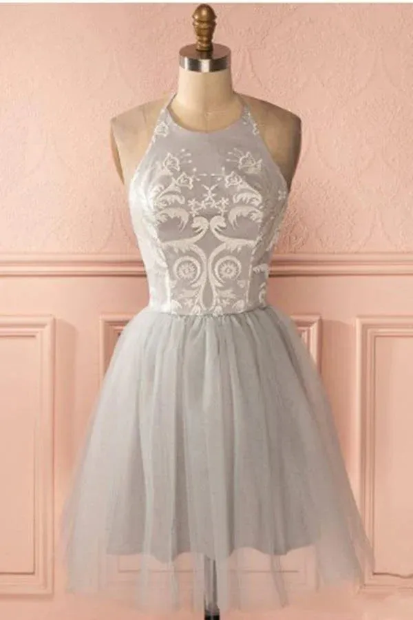 A-line Homecoming Dresses Sleeve Silver Short Princess Pleated Backless