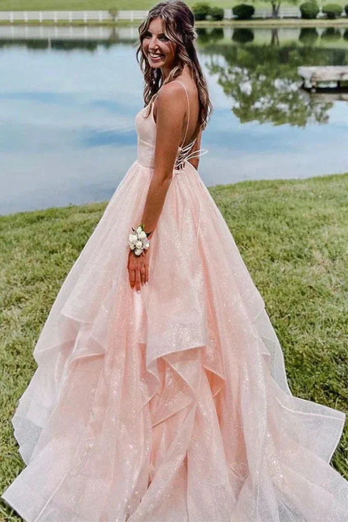 A Line Prom Dresses Sexy Shiny V-Neck Long Tulle Backless Sleeveless Floor-Length