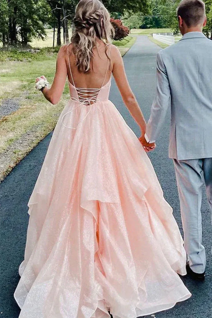 A Line Prom Dresses Sexy Shiny V-Neck Long Tulle Backless Sleeveless Floor-Length