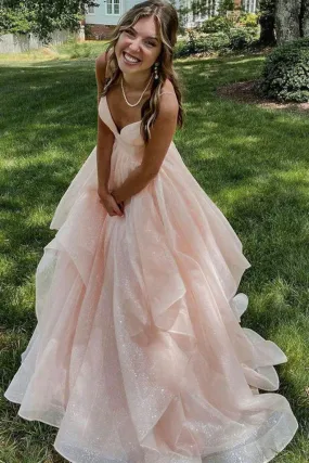 A Line Prom Dresses Sexy Shiny V-Neck Long Tulle Backless Sleeveless Floor-Length