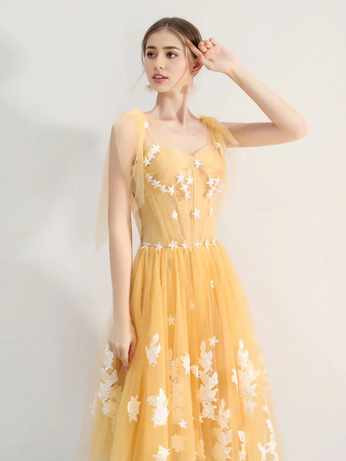 A-line Tulle Lace Backless Prom Dresses With Applique ï»