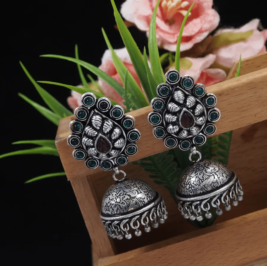 Antique Silver Plated Artwork Silver Beads Jhumki Earring
