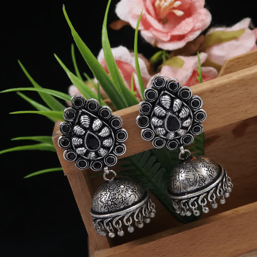 Antique Silver Plated Artwork Silver Beads Jhumki Earring