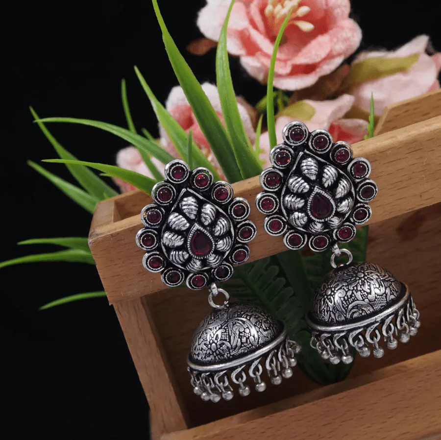 Antique Silver Plated Artwork Silver Beads Jhumki Earring