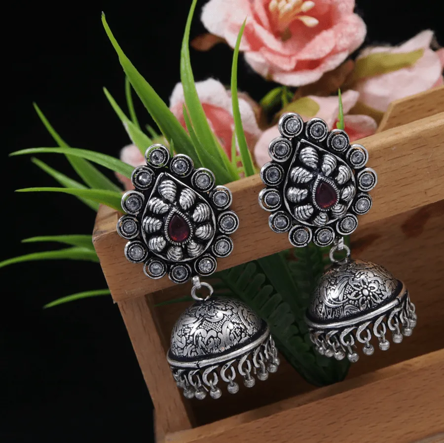 Antique Silver Plated Artwork Silver Beads Jhumki Earring