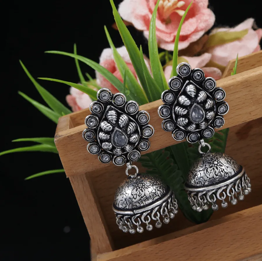 Antique Silver Plated Artwork Silver Beads Jhumki Earring