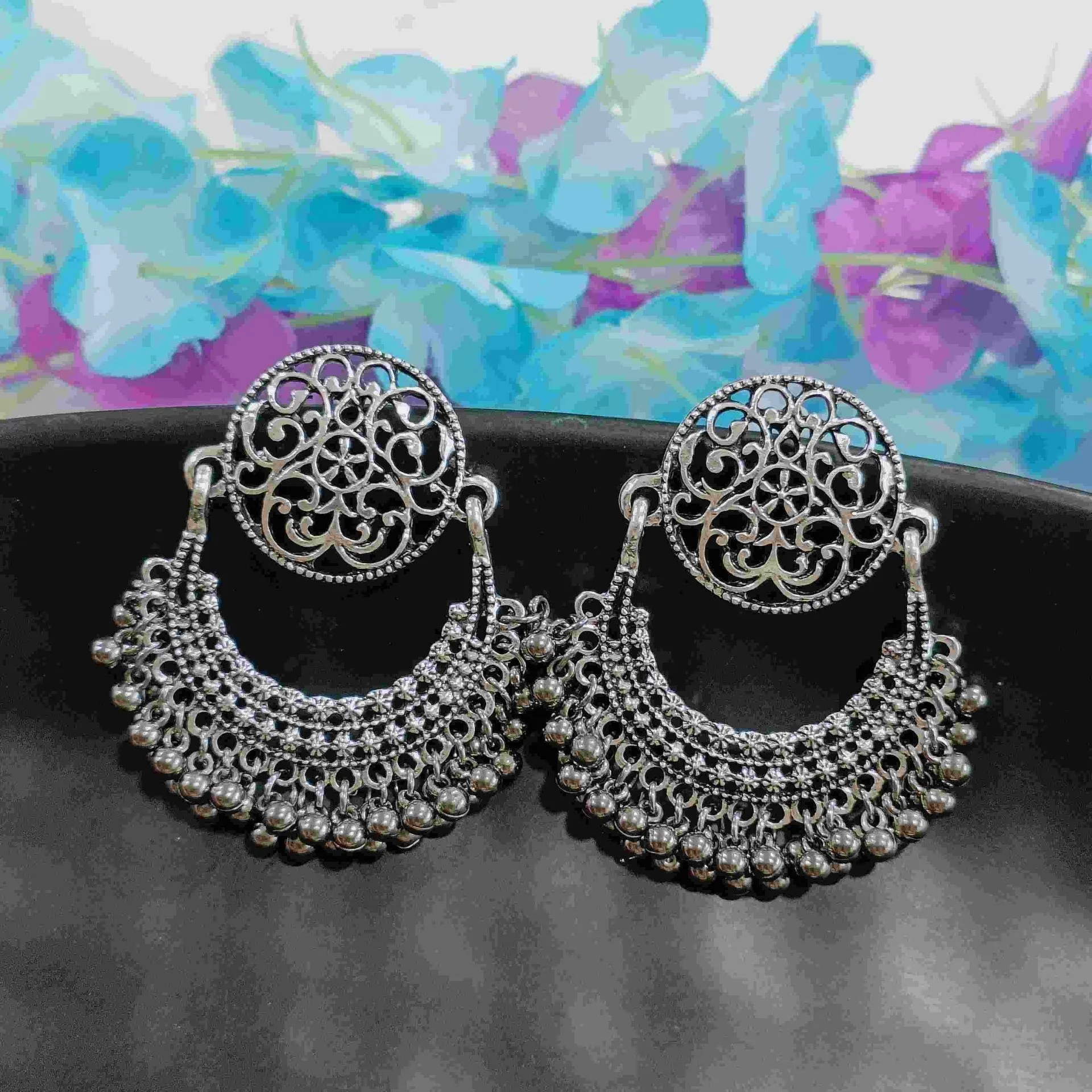 Antique Silver Plated Chandbali Earring