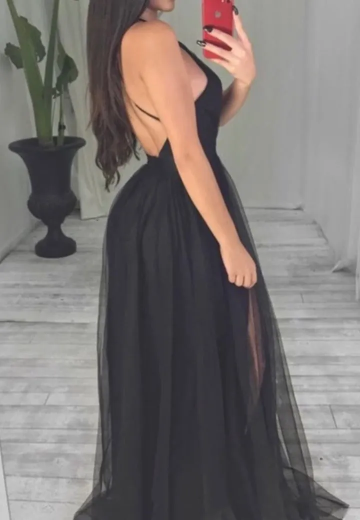 Black V-Neck Tulle Long Prom Dresses A-Line Backless Evening Dresses Sexy