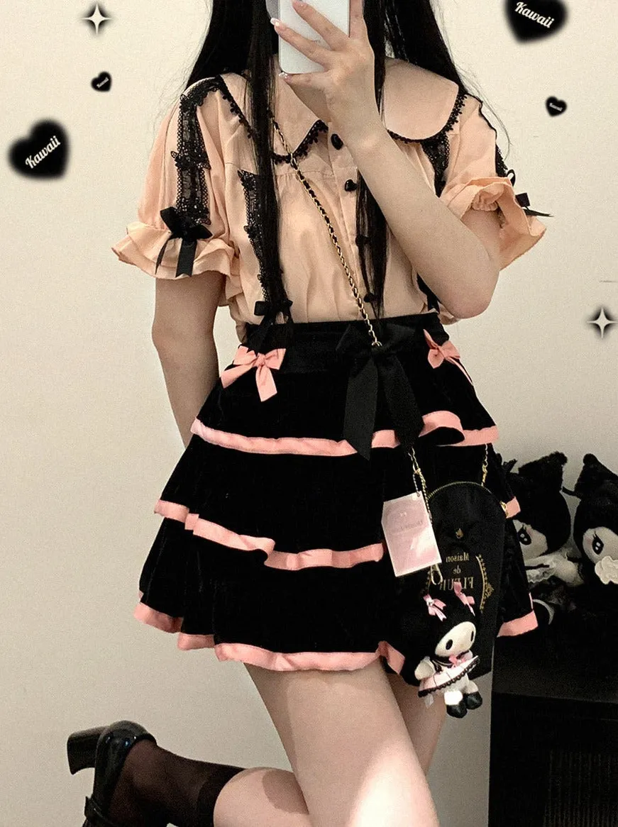 Doll Ribbon Collar Puff Sleeve Lace Shirt