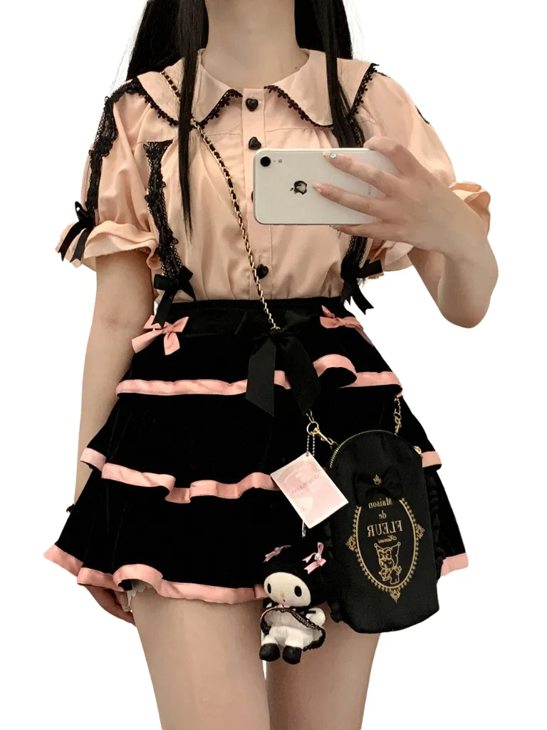 Doll Ribbon Collar Puff Sleeve Lace Shirt