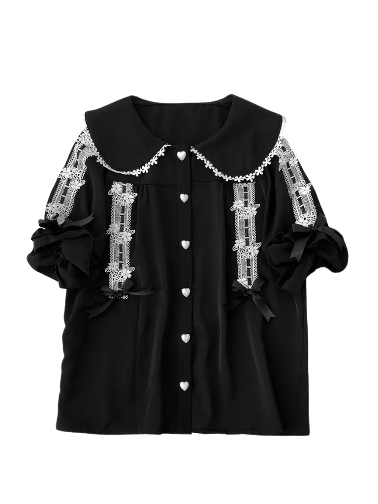 Doll Ribbon Collar Puff Sleeve Lace Shirt