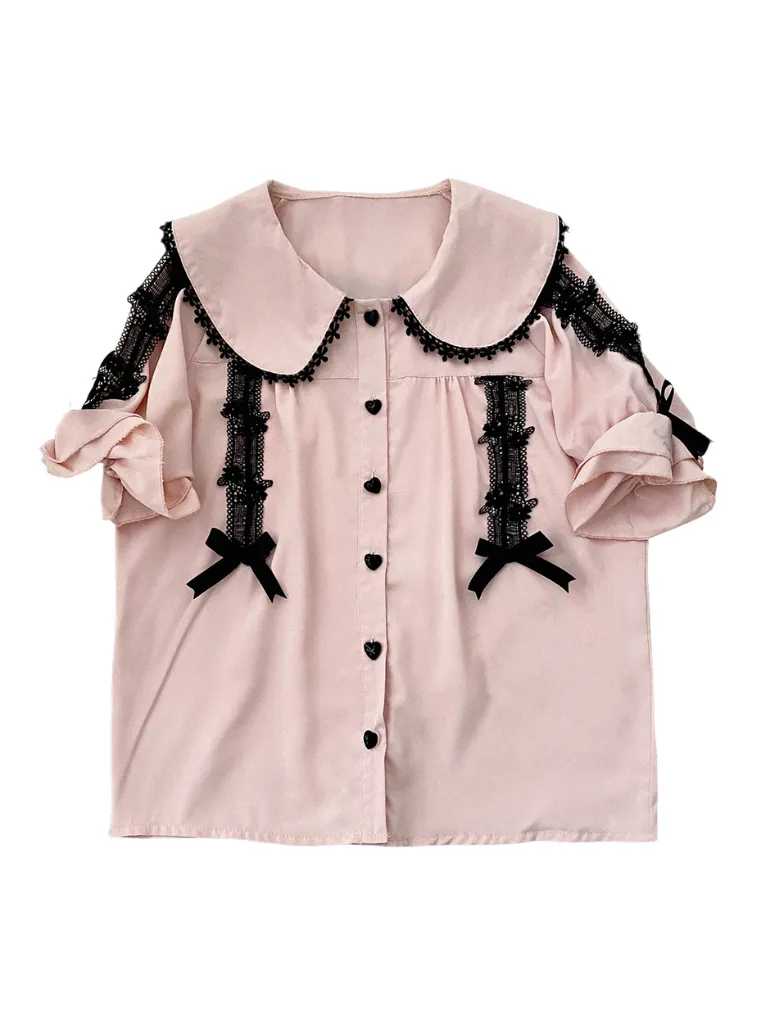 Doll Ribbon Collar Puff Sleeve Lace Shirt