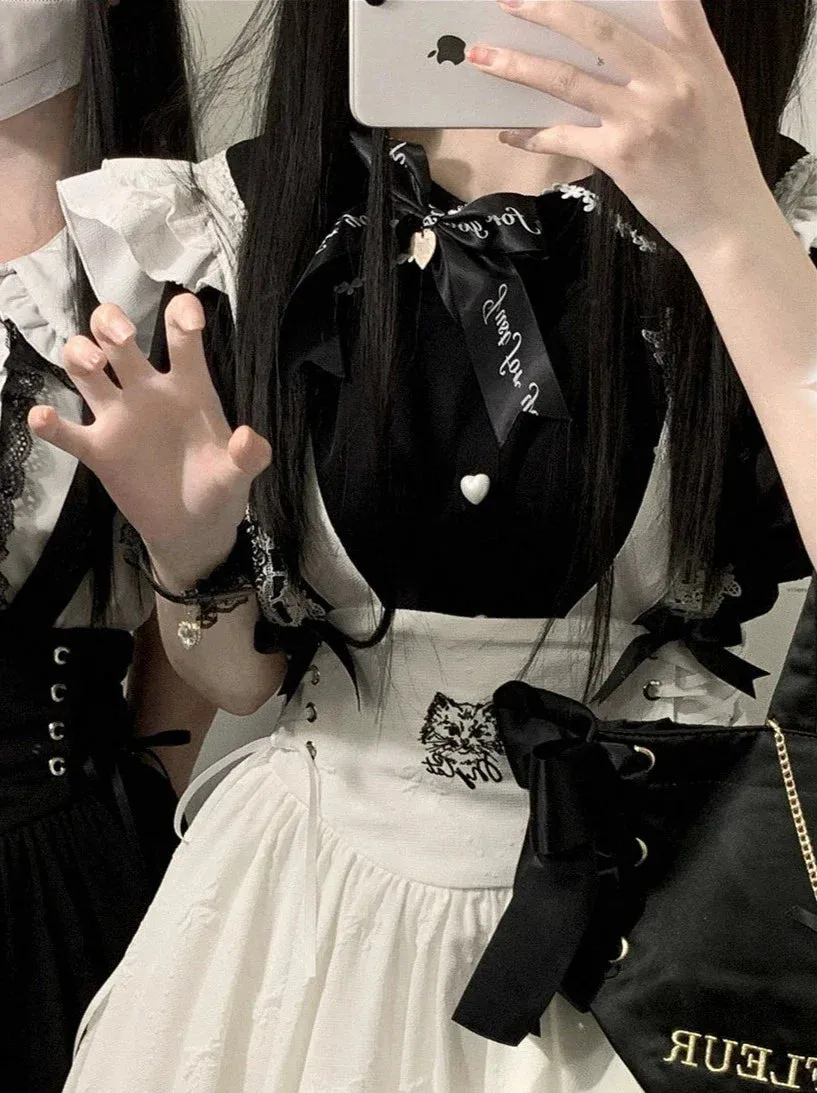 Doll Ribbon Collar Puff Sleeve Lace Shirt