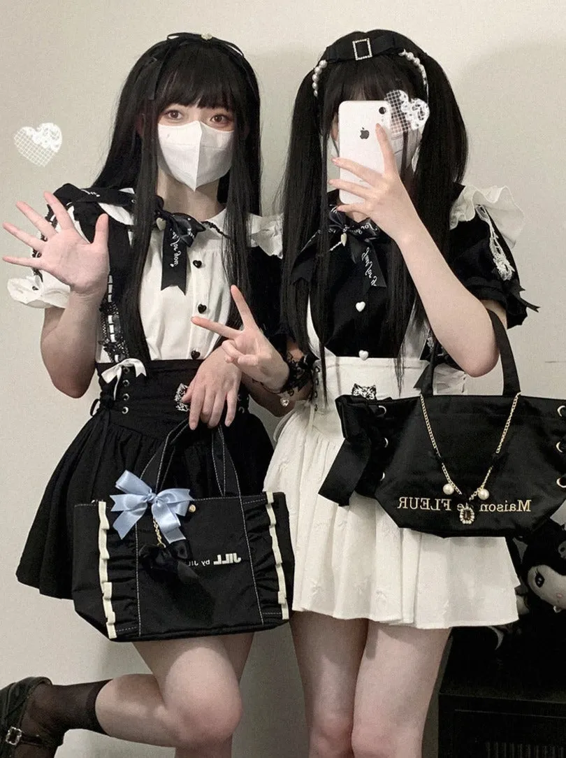 Doll Ribbon Collar Puff Sleeve Lace Shirt