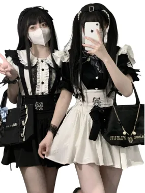 Doll Ribbon Collar Puff Sleeve Lace Shirt
