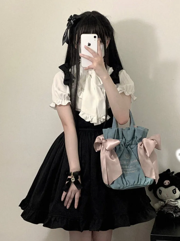 Dream Crystal Sweet Lace Ribbon Puff Sleeve Shirt