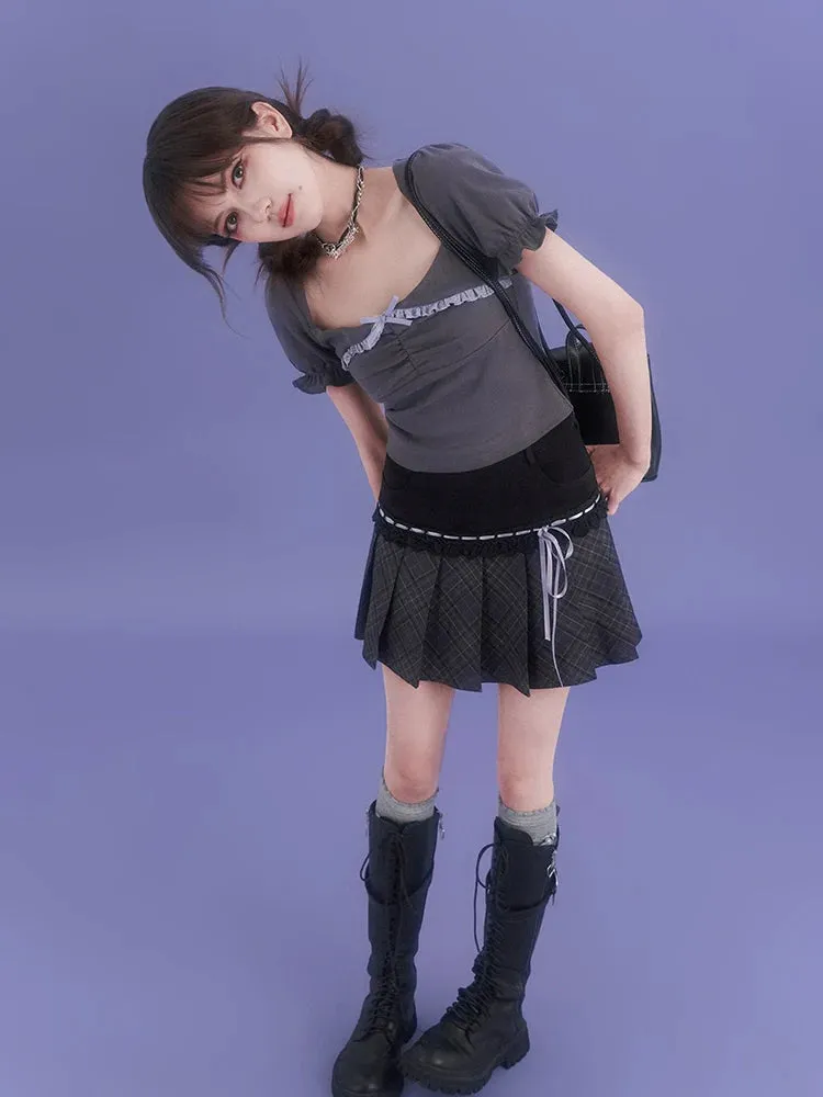 Grey Sleeve Square Neck Lace Puff Top