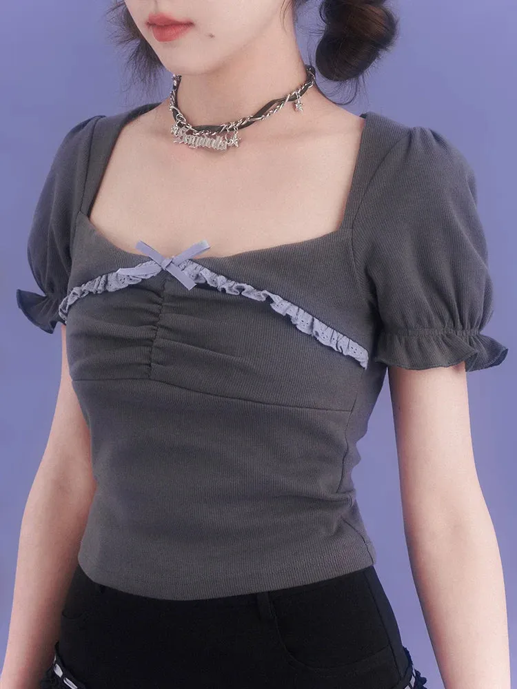 Grey Sleeve Square Neck Lace Puff Top