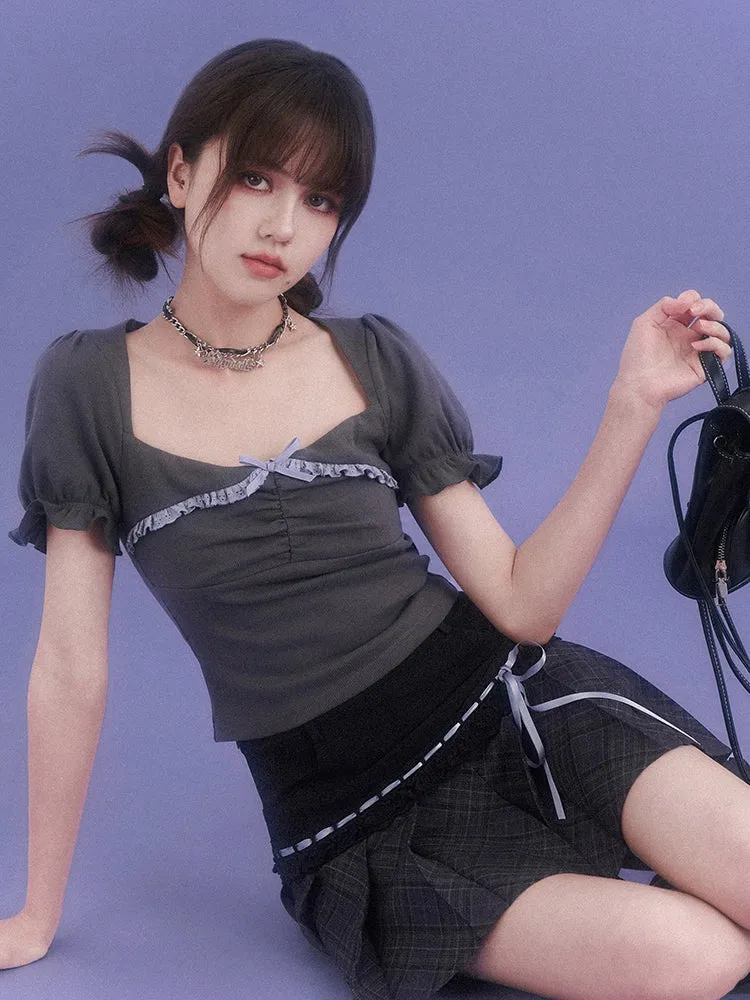 Grey Sleeve Square Neck Lace Puff Top