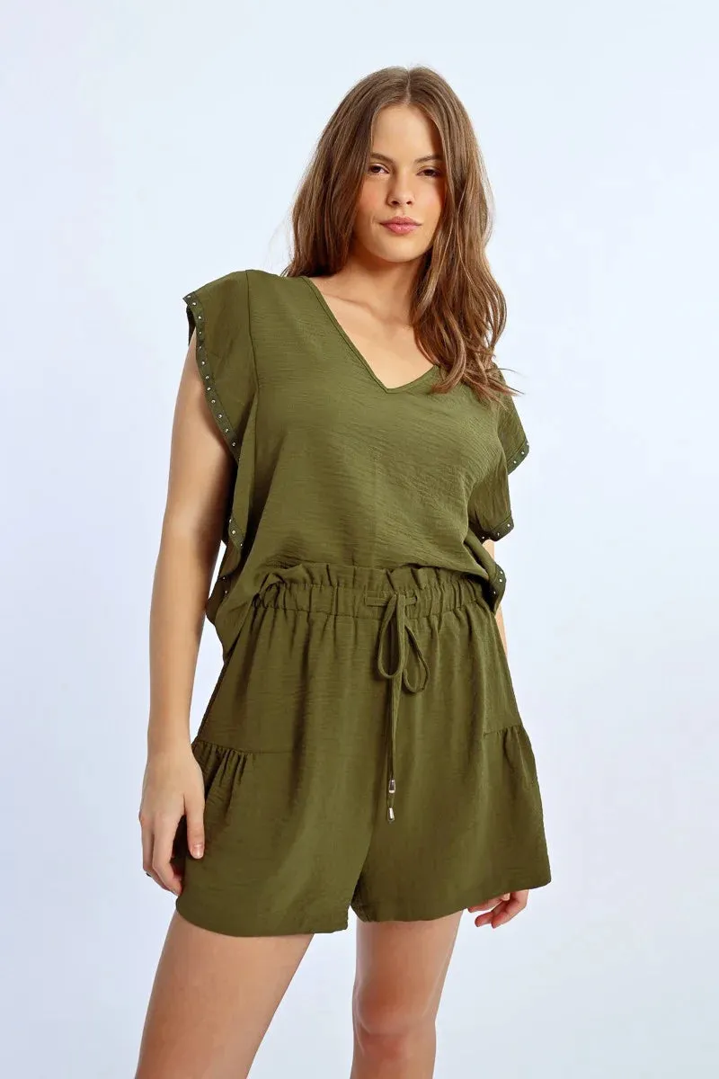 Khaki Green Pleated Drawstring Pocketed Shorts