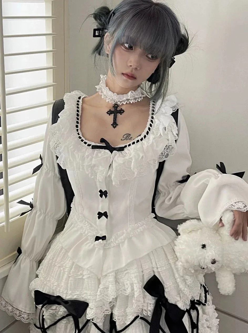 Lace Waist Top Sleeve French Retro Puff