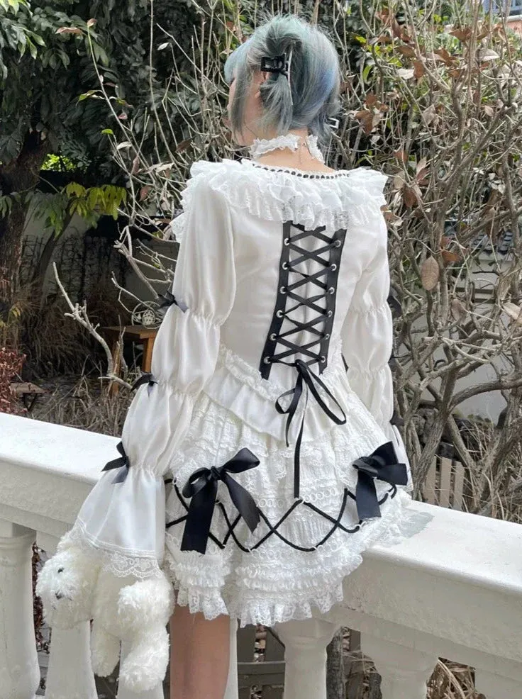 Lace Waist Top Sleeve French Retro Puff