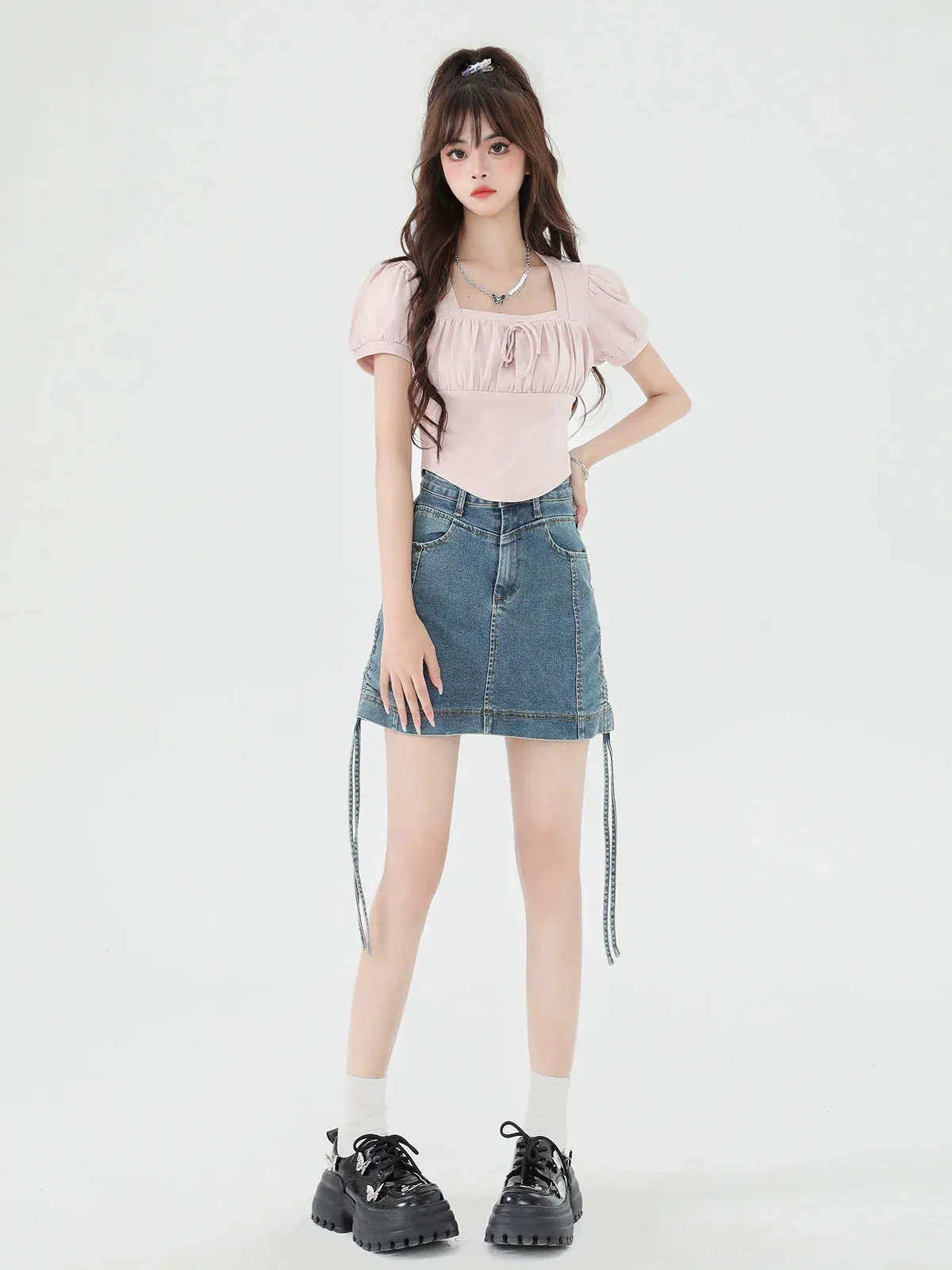 Neck Puff Square Short Top Sleeve