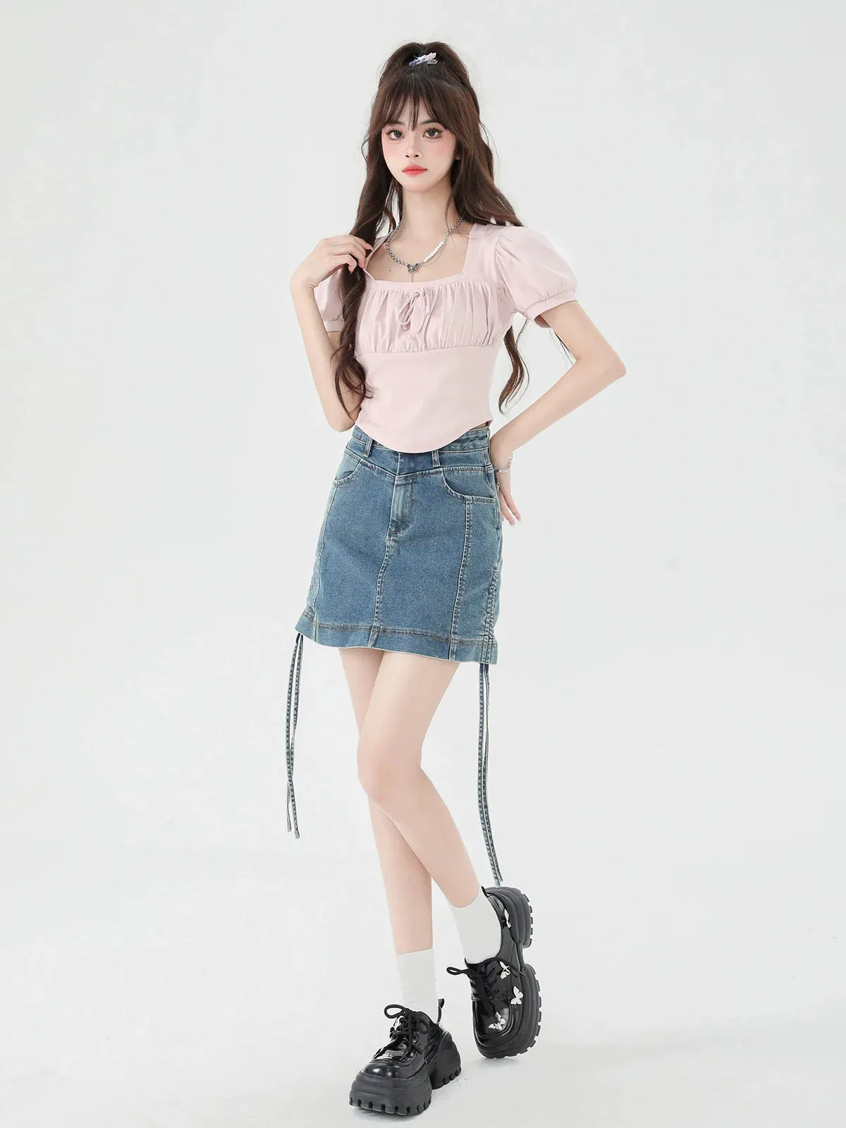 Neck Puff Square Short Top Sleeve