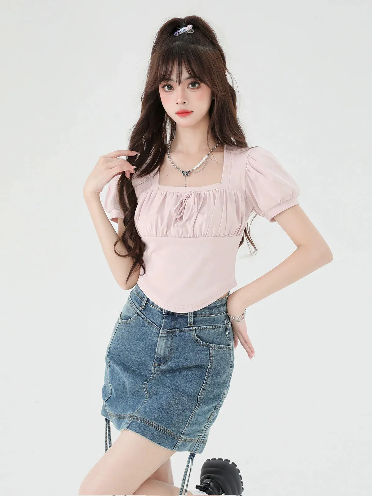 Neck Puff Square Short Top Sleeve