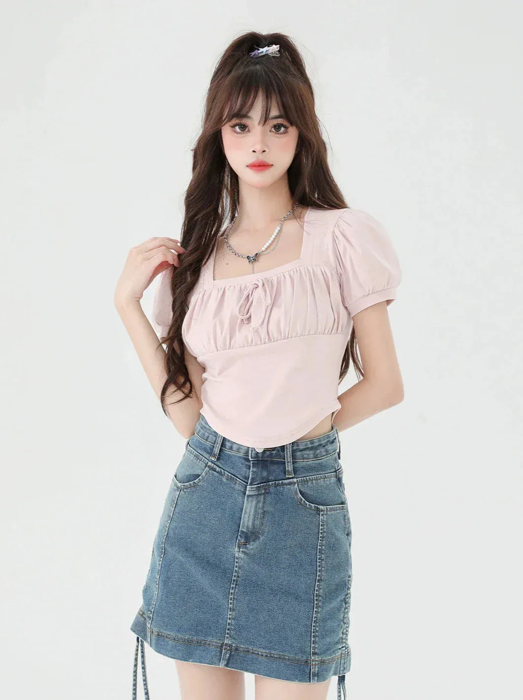 Neck Puff Square Short Top Sleeve