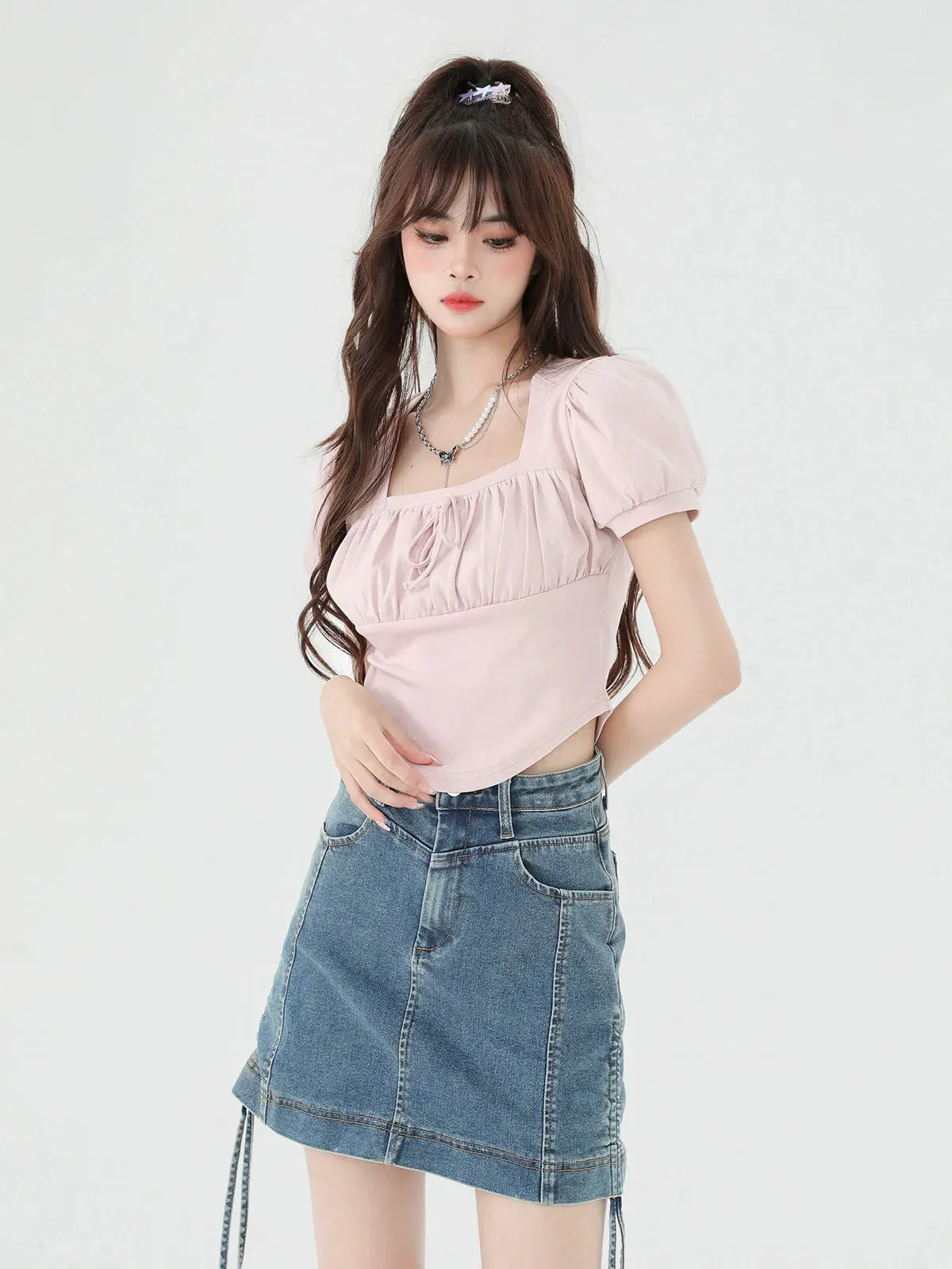 Neck Puff Square Short Top Sleeve