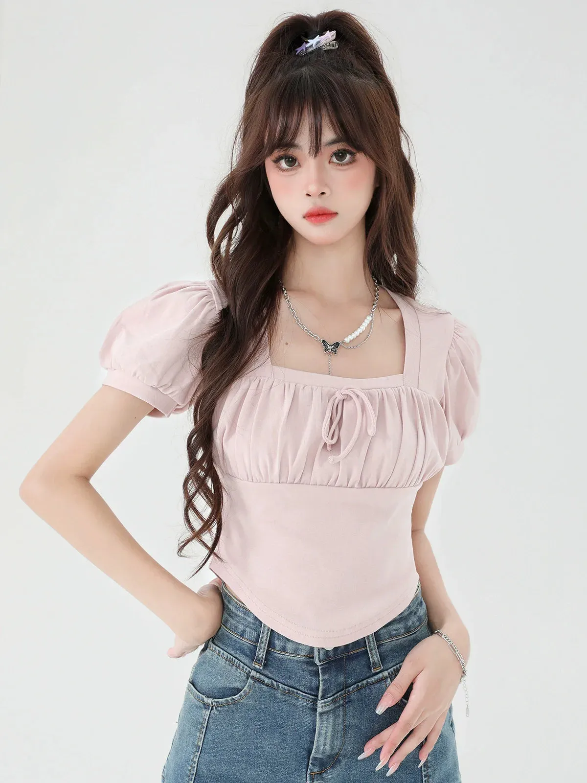 Neck Puff Square Short Top Sleeve