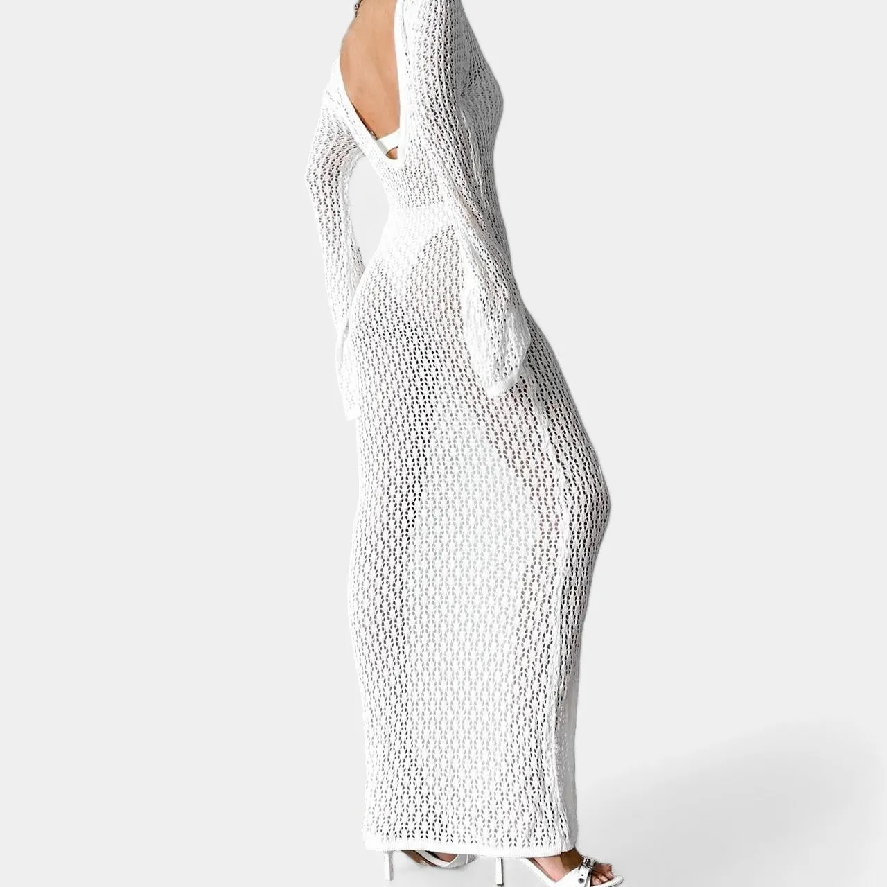 Off White Mesh Sheer Long Bell Sleeves Maxi Bodycon Beach Coverup Dress Size M/L