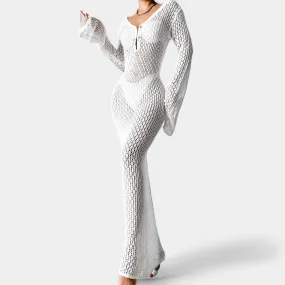 Off White Mesh Sheer Long Bell Sleeves Maxi Bodycon Beach Coverup Dress Size M/L