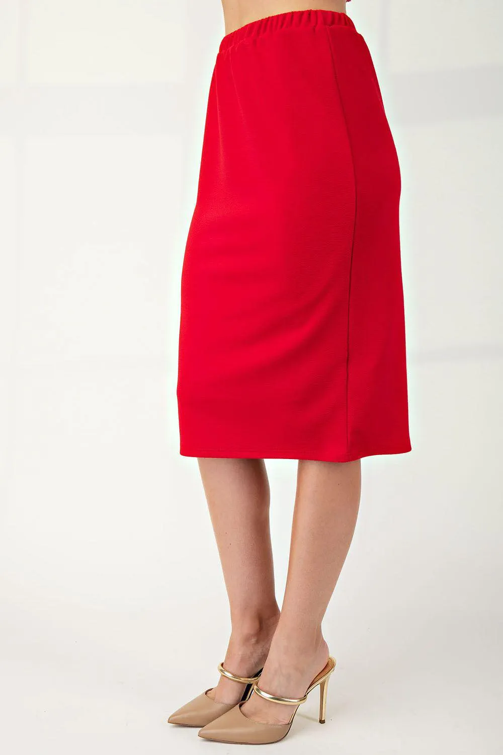 PRE-ORDER:  Red 28”. Midi Skirt:  S-3X  Arriving In Stock: 2/18