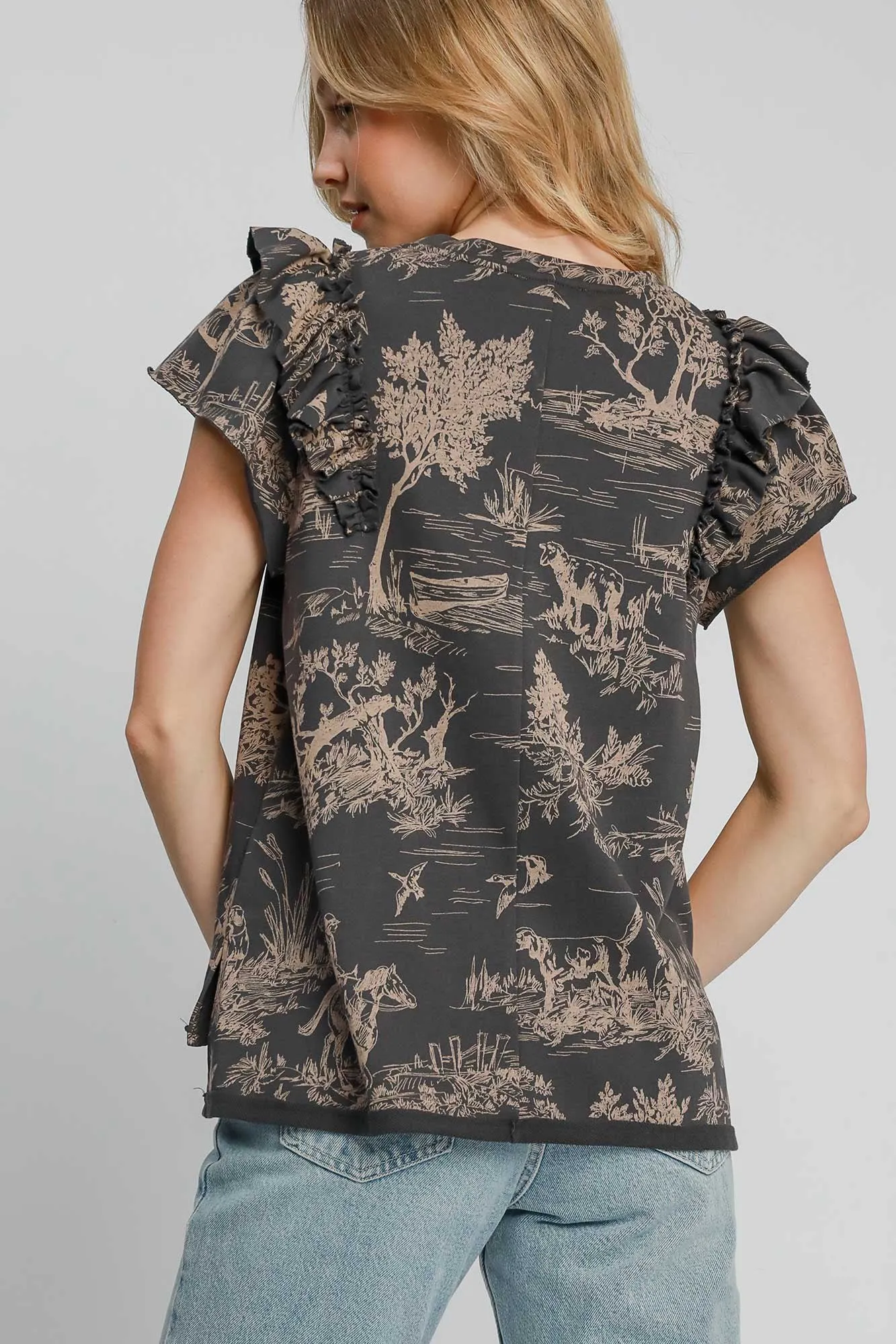 Ruffled Landscape Print French Terry Short Sleeve Top
