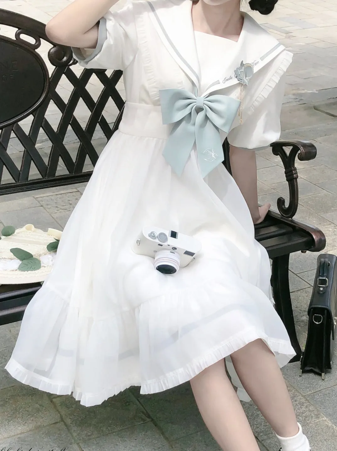 Sleeve Haori Tulle Overskirt Ribbon Badge Collar Puff Sailor Tie Dress