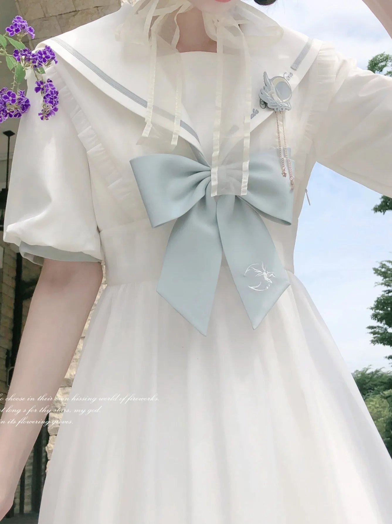 Sleeve Haori Tulle Overskirt Ribbon Badge Collar Puff Sailor Tie Dress