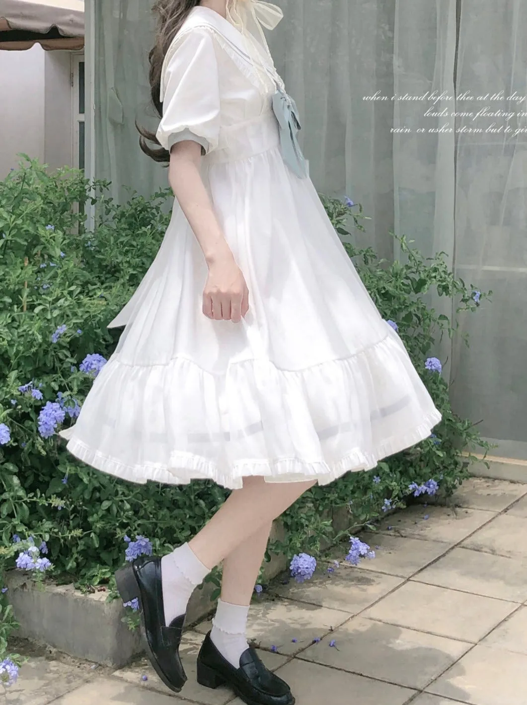 Sleeve Haori Tulle Overskirt Ribbon Badge Collar Puff Sailor Tie Dress