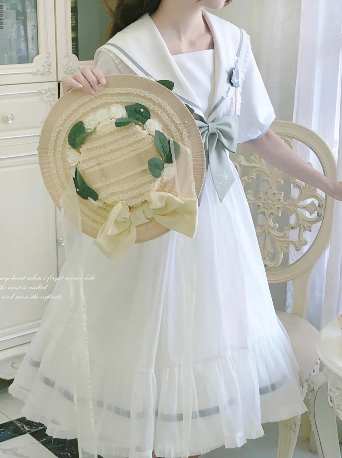 Sleeve Haori Tulle Overskirt Ribbon Badge Collar Puff Sailor Tie Dress