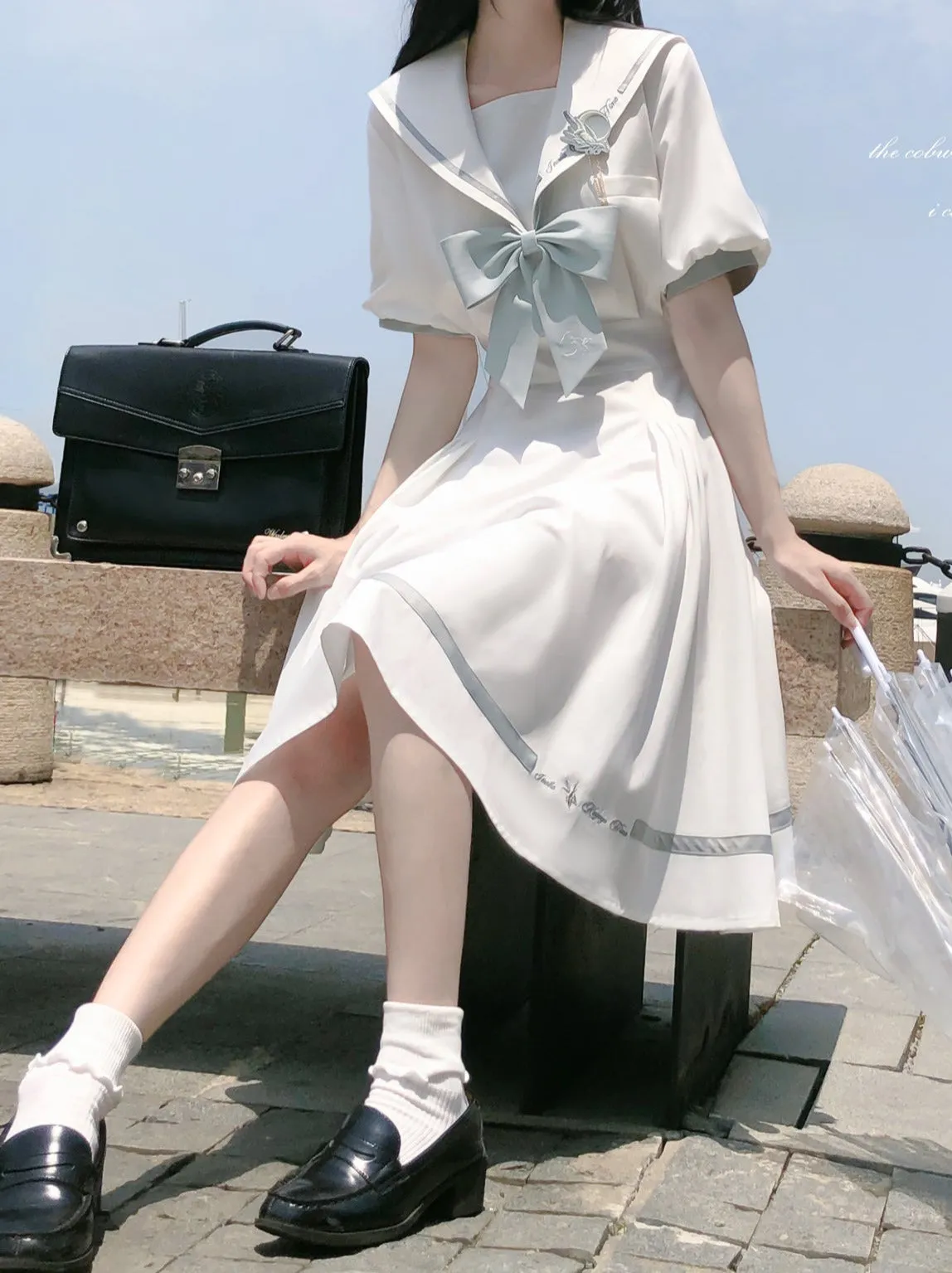 Sleeve Haori Tulle Overskirt Ribbon Badge Collar Puff Sailor Tie Dress