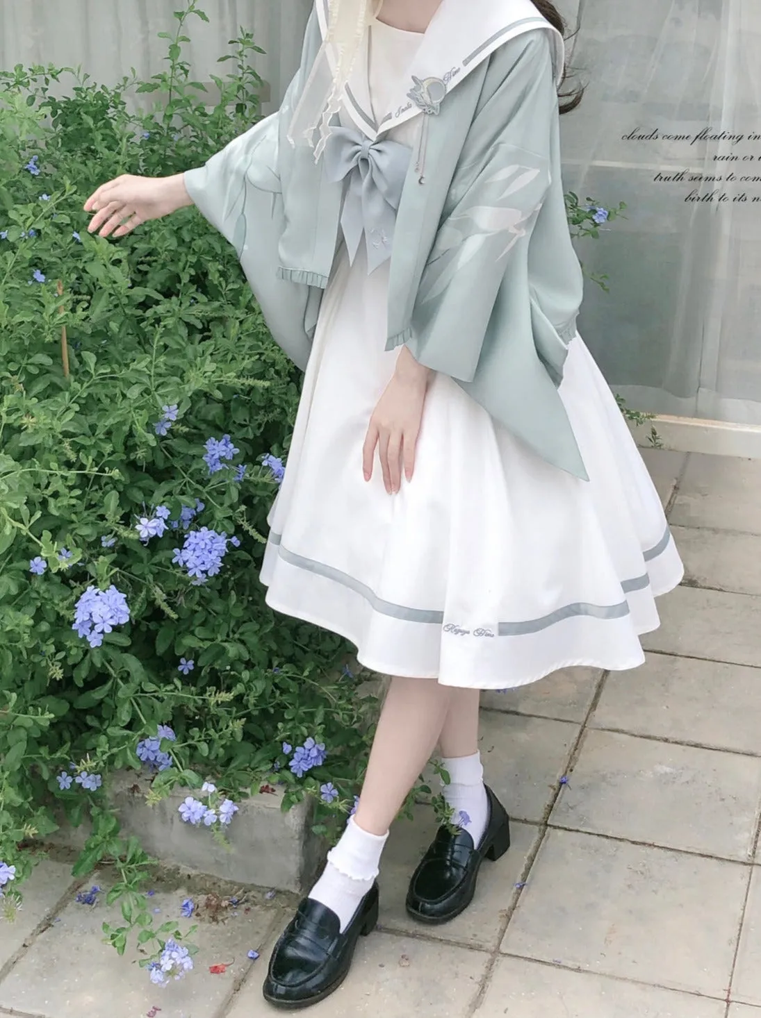Sleeve Haori Tulle Overskirt Ribbon Badge Collar Puff Sailor Tie Dress
