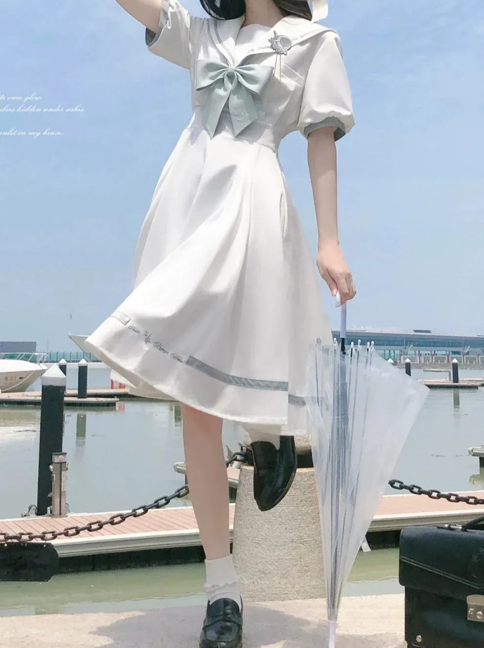 Sleeve Haori Tulle Overskirt Ribbon Badge Collar Puff Sailor Tie Dress